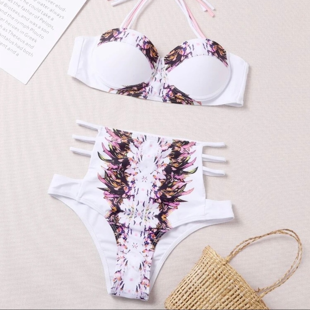 White High Waist Swimsuit in Pink Floral Tummy Control Size Large Size 8 10 - Picture 5 of 5